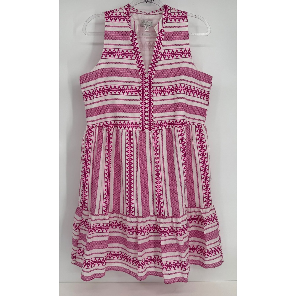 Signature by Robbie Bee Pink White Geometric Tribal Tiered Cotton Dress Sz M